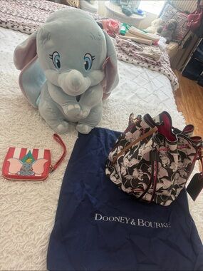 Dooney & Bourke Black & White Dumbo Print Drawstring Bucket Bag with Pink Trim